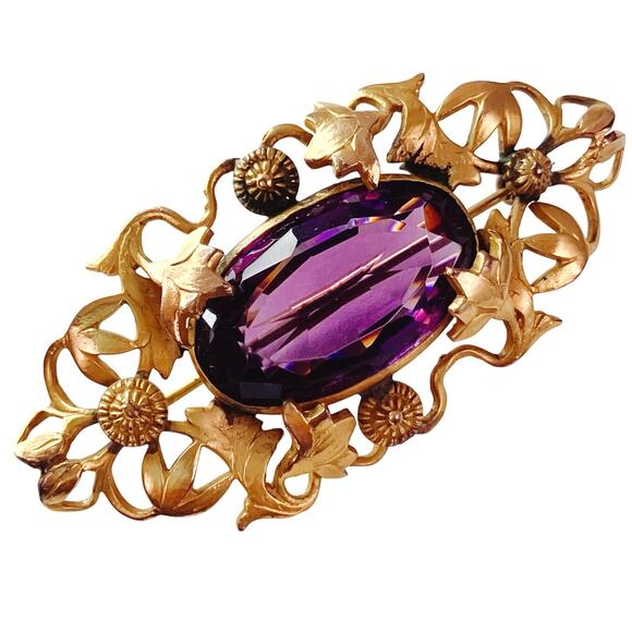 Antique Art Nouveau Gold Tone Ivy Vine Brooch Purple Glass Edwardian 1900s Pin - Picture 1 of 14